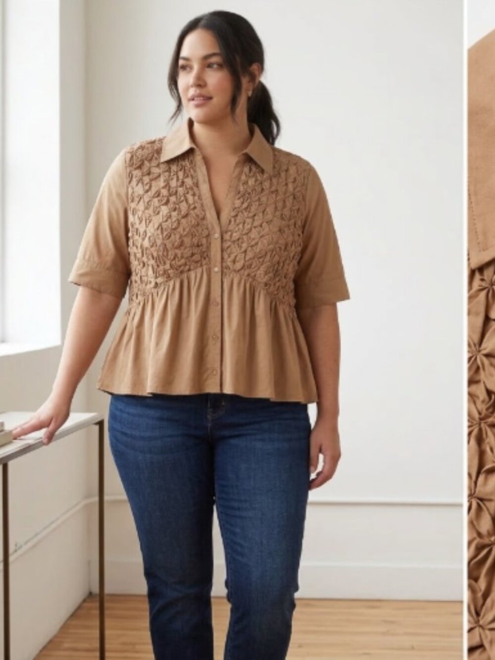 Maeve Anthropologie Women’s 2X Beige Tan Puff Sleeve Sea Breeze Blouse Top Boho - Picture 2 of 12